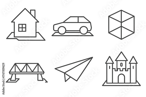 Line Style Paper Icons. Line style icons of paper models: house cutout, paper car, geometric cube, folded bridge, airplane, castle