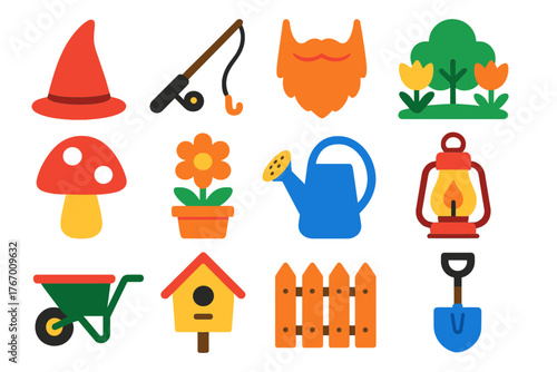 Whimsical Garden Icons. Flat vector icons of Whimsical Garden: pointy hat, fishing rod, beard, garden, mushroom, flower pot,
