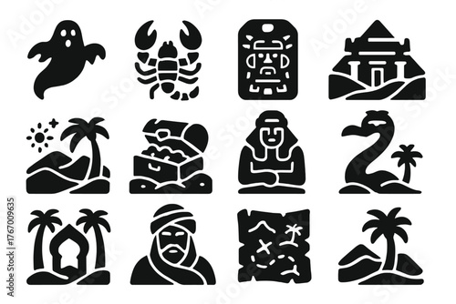 Mythical Desert Icons. Solid style icons of Mythical desert elements: desert spirit, golden scorpion, ancient relic, hidden temple