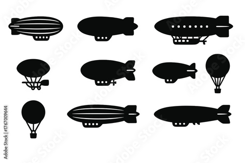 Historic Airships Icons. Solid style icons of Historic airships: classic zeppelin, passenger blimp, military airship, cargo