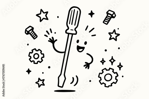 Chatting Doodle Screwdriver. Playful doodle vector scene of a screwdriver chatting with a happy movement, while doodle stars,