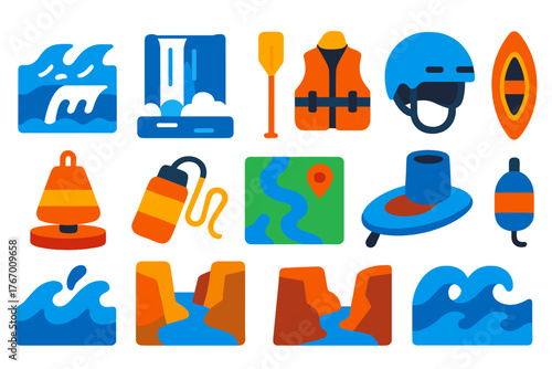Whitewater Canoeing Icons. Flat vector icons of Whitewater Canoeing: rapids, waterfall, paddle, life jacket, helmet, canoe, buoy,