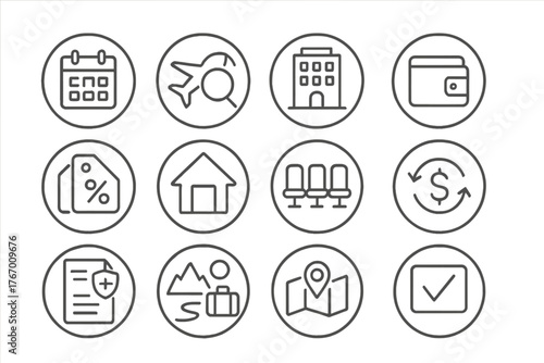 Travel Planning Icons. Line style round icons of travel booking and planning: calendar icon, flight search, hotel reservation,