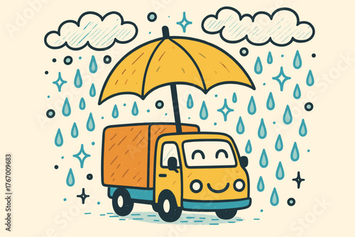 Smiling Truck in Rain. Delightful doodle vector illustration of a truck holding an umbrella, smiling under a sky filled with