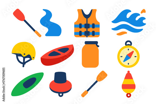 Canoeing Adventure Icons. Flat vector icons of Canoeing Adventure: paddle, river, life jacket, rapids, helmet, canoe, waterproof
