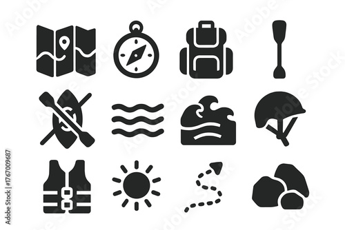 Outdoor Exploration Icons. Solid style icons of Outdoor Exploration: Map, Compass, Backpack, Paddle, Kayak, River, Rapids, Helmet,