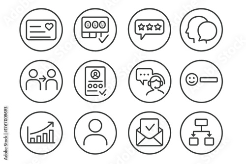 Customer Engagement Icons. Line style round icons of customer engagement: loyalty card, NPS survey, customer review, testimonial