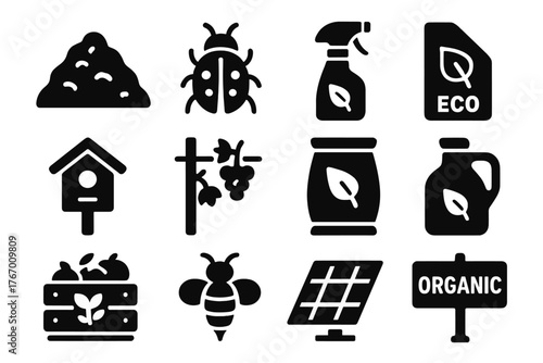 Organic Vineyard Icons. Solid style icons of Organic Vineyard: compost pile, ladybug, natural spray, eco label, birdhouse, vine
