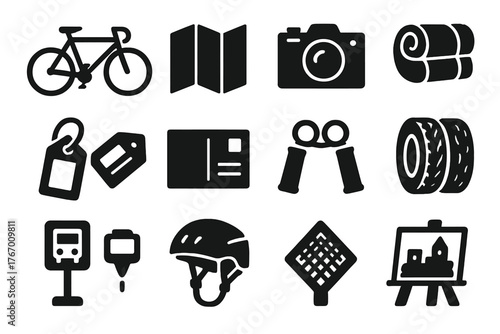 Retro Transport Icons. Solid style icons of Retro Transport: classic bike frame, folding map, camera strap, rolled blanket, travel