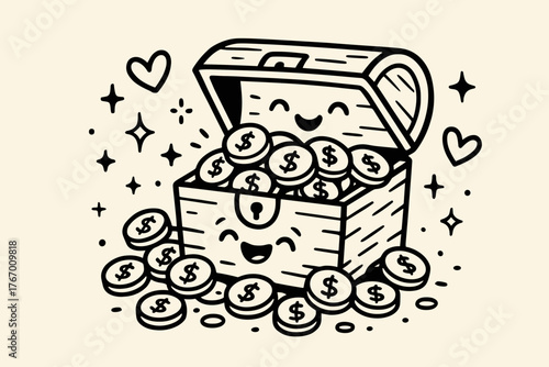 Smiling Treasure Chest. Delightful doodle vector artwork of coins spilling from a smiling chest, with doodle hearts, tiny stars,