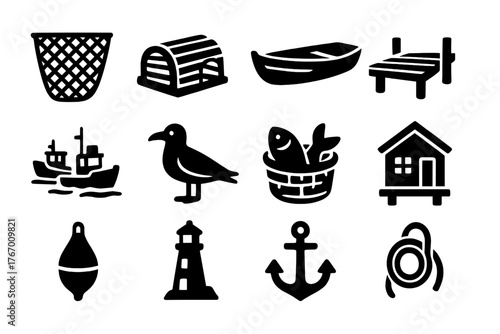 Fishing Village Icons. Solid style icons of Fishing Village: fishing net, wooden lobster trap, small dinghy, wooden pier, docked