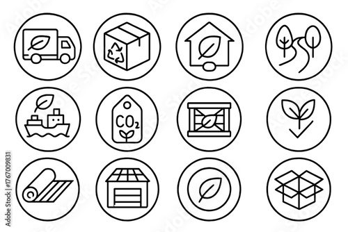 Sustainable Logistics Icons. Line style round icons of sustainable logistics: electric truck, recyclable package, eco delivery,