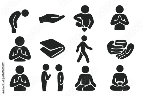 Ceremonial Icon Set. Solid style icons of Ceremonial gestures and symbols: bowing guest, open palm, slow pour, respectful posture,