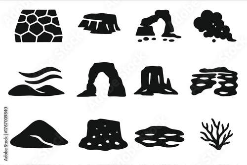Arid Landscape Icons. Solid style icons of Arid landscape features: cracked earth, rocky plateau, dry riverbed, wind-blown sand,