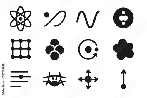Quantum Physics Icons. Solid style icons of Quantum Physics: atom structure, electron orbit, wave function curve, subatomic