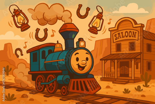 Desert Train Adventure. Friendly desert train chugging past a saloon, horseshoes and lanterns dancing in the air