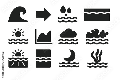 Ocean Conditions Icons. Solid style icons of Ocean conditions and environment: wave crest, current arrow, water clarity,