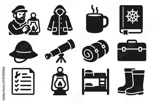 Lighthouse Keeper Icons. Solid style icons of Lighthouse keeper lifestyle: lantern polish, weather coat, coffee mug, nautical