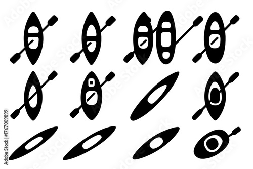 Kayak Types Icons. Solid style icons of Kayak Types: sit-on-top kayak, sit-in kayak, tandem kayak, inflatable kayak, folding kayak