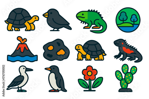 Galapagos Wildlife Icons. Flat vector icons of Galapagos Exploration: tortoise, finch, iguana, unique ecosystem, volcanic island,