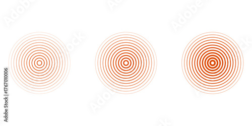 Red concentric ripple circles set. Sonar or sound wave rings collection. Epicentre, target, radar icon concept. Radial signal or vibration elements.