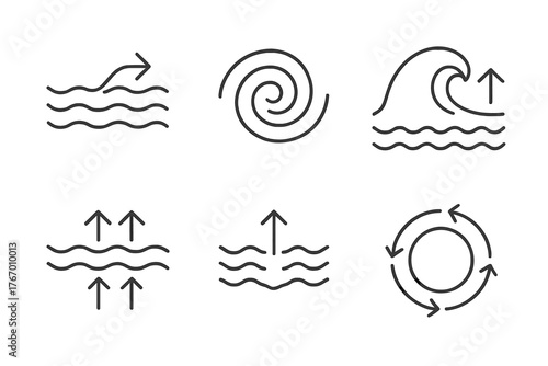 Ocean Currents Icons. Line style icons of ocean currents: Gulf Stream, whirlpool, tidal wave, upwelling, rip current, gyre. No