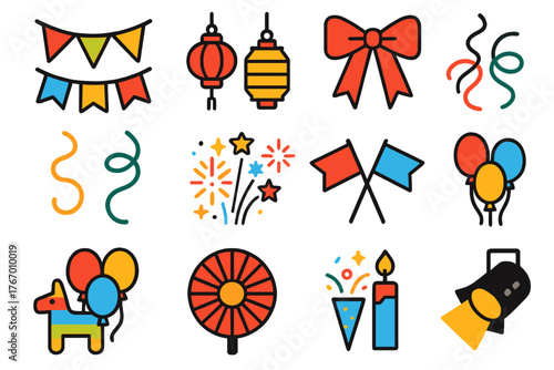Festival Icon Set. Flat vector icons of Festival Decorations: bunting, lanterns, ribbons, streamers, fireworks, flags, balloons,