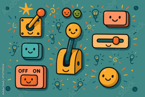 Playful Control Panel. Playful control panel with smiling levers, switches, and tiny doodle lights blinking