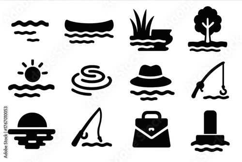 Lake Canoe Serenity. Solid style icons of Lake Canoeing: calm water, floating canoe, shoreline grass, smooth paddling, sun