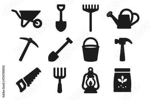Gnome Tools Icons. Solid style icons of Gnome Tools: wheelbarrow, spade, rake, watering can, pickaxe, hoe, bucket, hammer, saw,