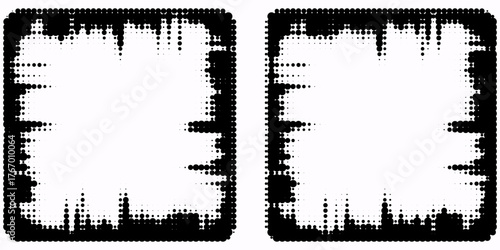 Black halftone rectangle frame set. Dotted gradient border collection. Pop art comic dots picture holder design for banner template, copy space, emblem, poster. Vector rasterized framing element back