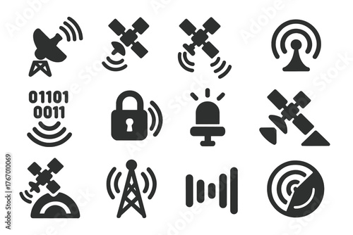 Satellite Signal Icons. Solid style icons of Satellite Signals: wave transmission, uplink signal, downlink signal, radio frequency