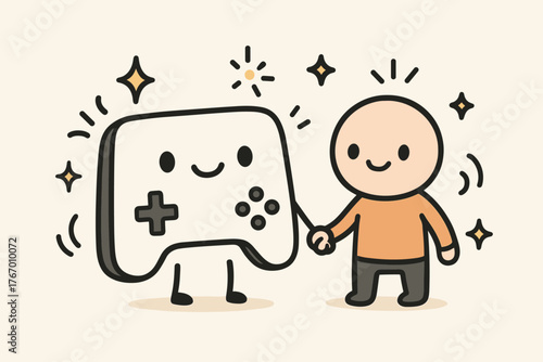 Controller and Avatar Bonding. Sweet doodle vector illustration of a controller holding hands with an avatar, while doodle