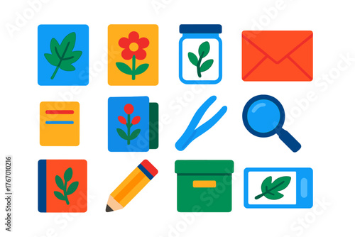 Herbarium Icons Collection. Flat vector icons of Herbarium Collection: pressed leaf, flower specimen, specimen jar, envelope,