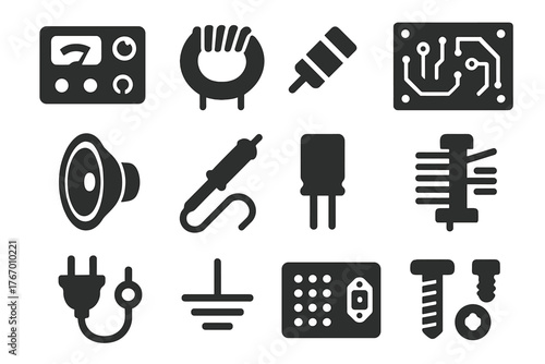 Radio Repair Icons. Solid style icons of Radio repair and parts: tube tester, wire coil, resistor, circuit board, speaker cone,