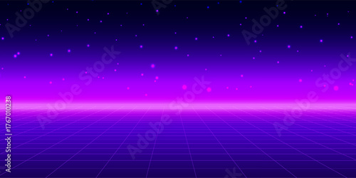 Neon wireframe horizon background. Light purple grid room floor in perspective. Glow violet retro futuristic wallpaper. Abstract checkered plane landscape. Game floor surface. Vector backdrop