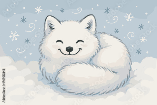 Smiling Arctic Fox. Smiling arctic fox curled up in fluffy snow, tiny doodle snowflakes swirling around