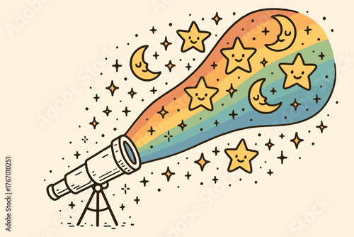 Rainbow Starlight Telescope. Magical doodle vector design of a telescope projecting a rainbow-like beam of starlight filled with