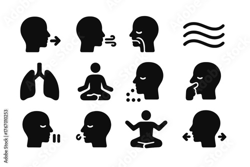 Breathing Exercise Icons. Solid style icons of Breathing Exercises: inhale symbol, exhale symbol, deep breath, flowing air lines,