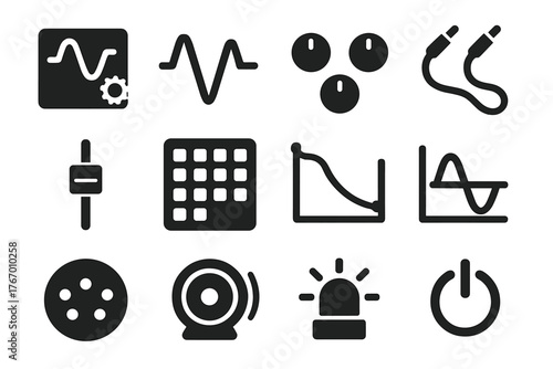 Electronic Music Gear Icons. Solid style icons of Electronic Music Gear: Oscillator, Waveform, Knobs, Patch Cables, Slider,