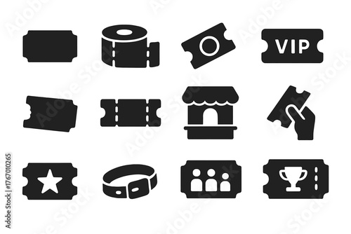 Carnival Ticket Icons. Solid style icons of Carnival Tickets: single ticket, ticket roll, stamped ticket, VIP ticket, torn ticket,