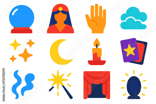 Mystical Icon Set. Flat vector icons of Mystical Reading: crystal ball, fortune teller, hand, mist, stars, moon, candle, tarot