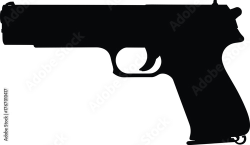 Handgun silhouette, pistol side view, firearm weapon, semi automatic gun, black vector illustration, military equipment, law enforcement, security defense icon