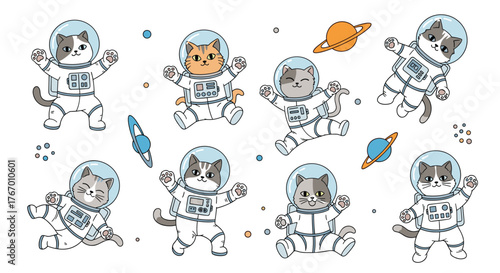 Cute cartoon cats in astronaut suits floating in space with planets and stars.