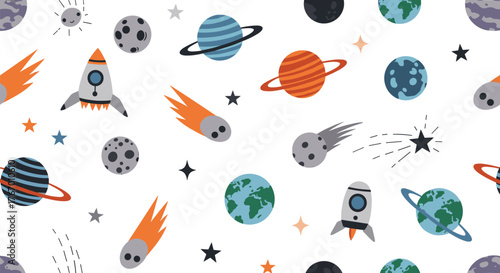 A whimsical space-themed pattern featuring rockets, planets, comets, and stars on a white background.