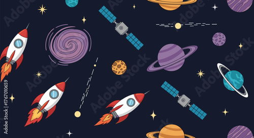 Cartoon space background with rockets, planets, stars, and satellites.