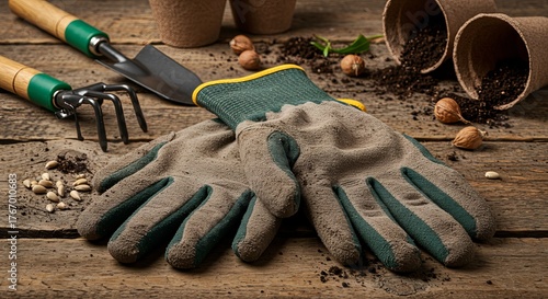 Fototapeta Naklejka Na Ścianę i Meble -  A pair of gardening gloves rests on a wooden surface alongside gardening tools, soil, seeds, and potting cups.