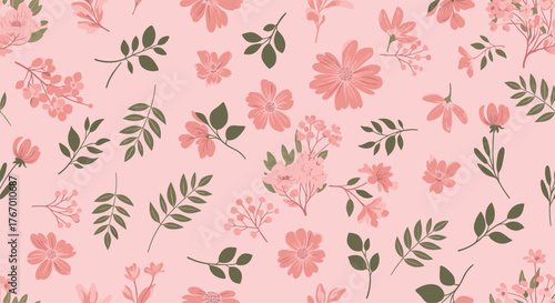 A delicate pink floral pattern with scattered flowers and leaves on a pastel background.