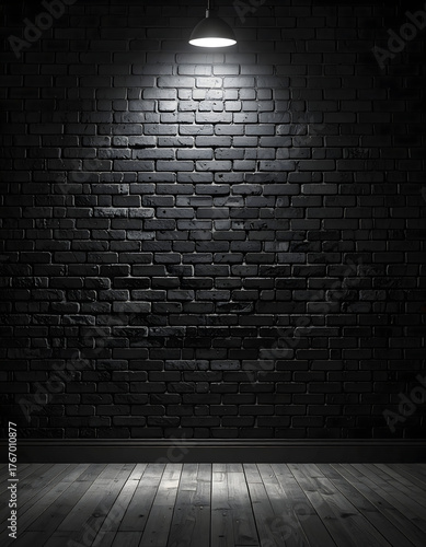 An empty, dark room featuring a single spotlight illuminating a black brick wall and a dark wooden floor, creating a dramatic and moody background