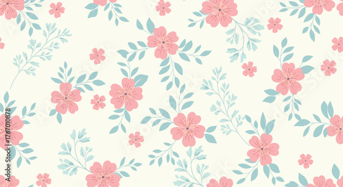 Seamless pattern of delicate pink flowers and pale blue leaves on a cream background.